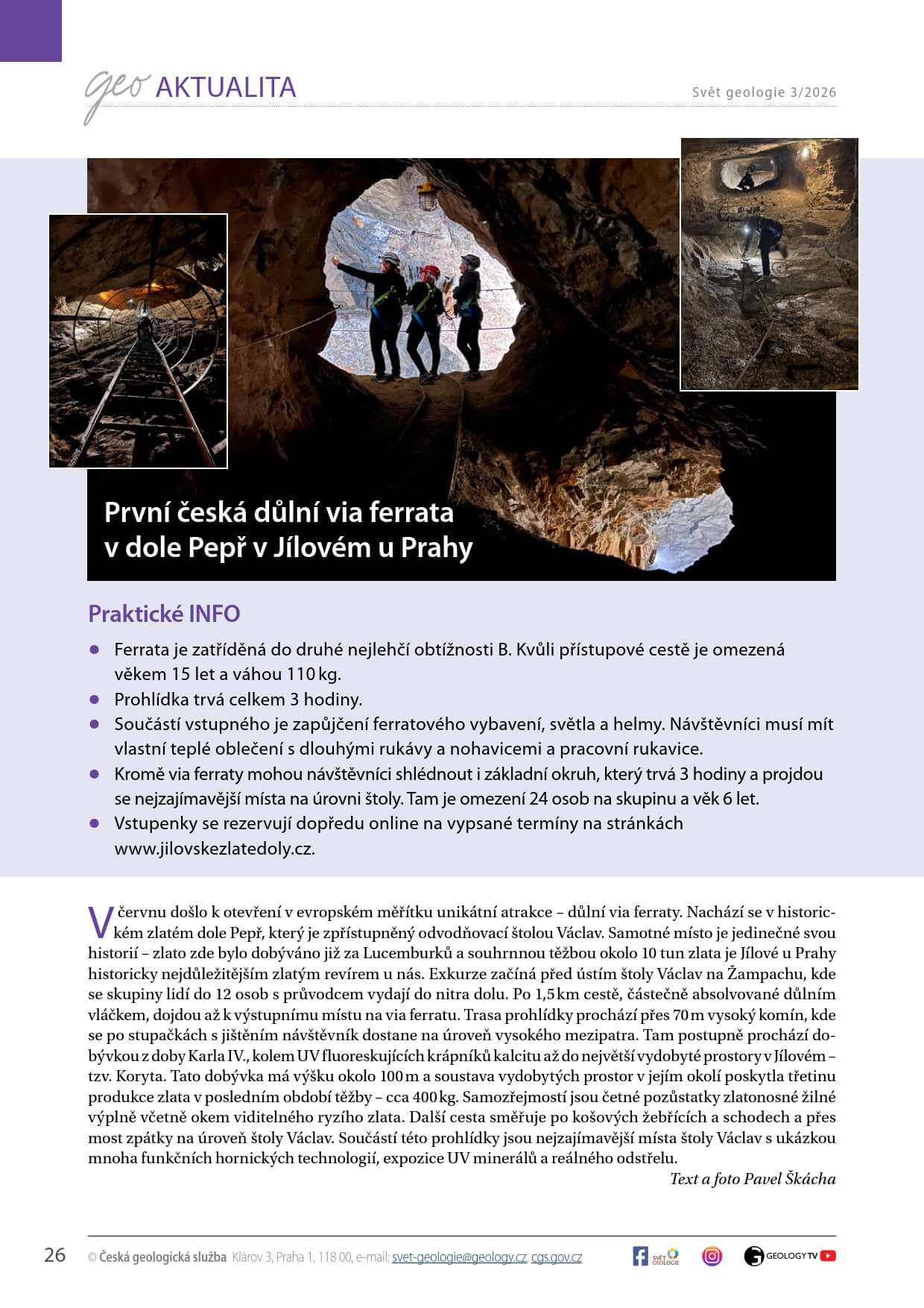 Článek časopisu Svět geologie 3/2026 o první české důlní via ferratě v dole Pepř v Jílovém u Prahy.